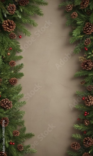 Lush fir branches and pine cones create a rustic Christmas border  ,  cones,  frame design,  garland