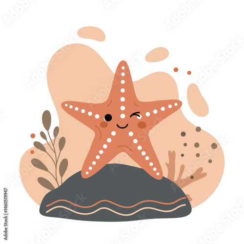 Cute starfish character with smiling face and underwater plants vector illustration in soft pastel colors 