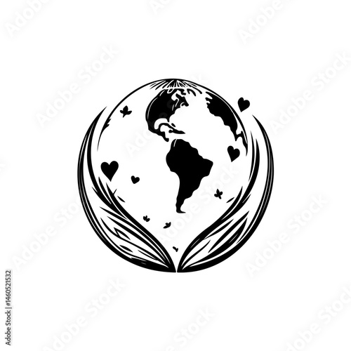Black and White Earth Illustration: Embracing Hands, Hearts, and a Sustainable World