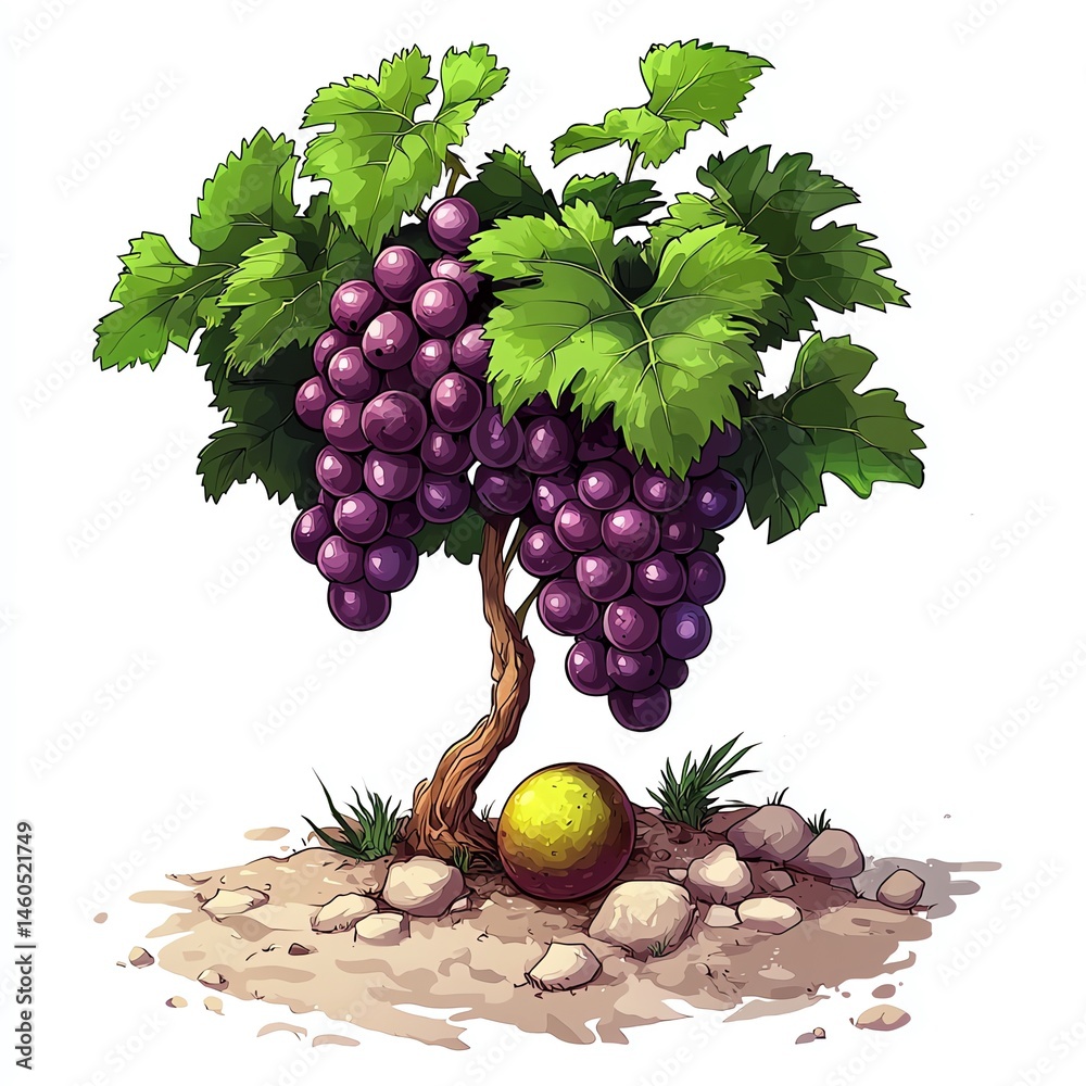 Obraz premium Lush Grapevine Abundantly Bears Ripe Purple Grapes, a Golden Orb Rests at its Base, a Vibrant Cartoon Illustration