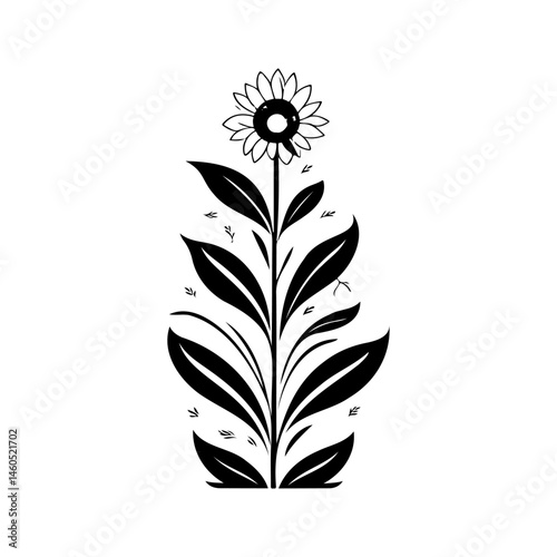 Monochrome sunflower illustration with detailed petals and stylized leaf arrangement