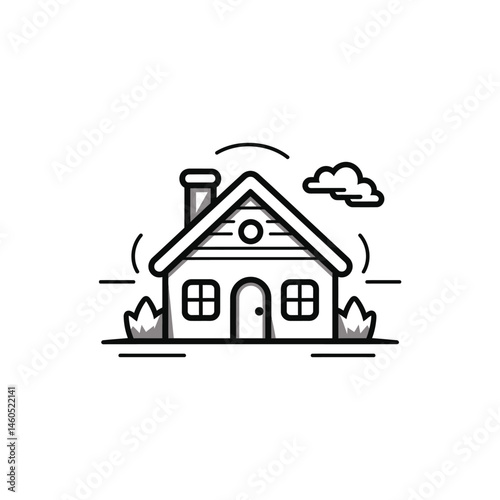 House Outline Icon, Door, Windows, Chimney, Plants with Transparent BG