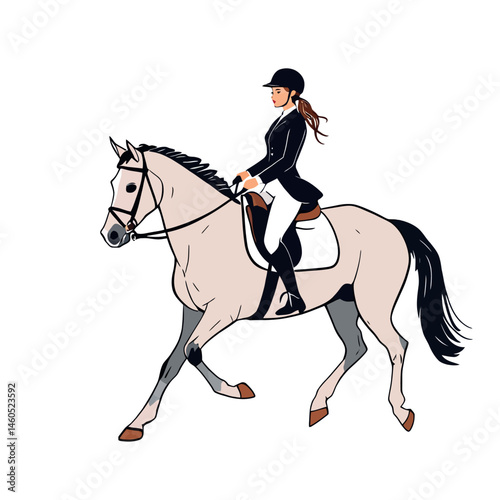 Vsai young horsewoman riding gray horse, equestrian sport competition