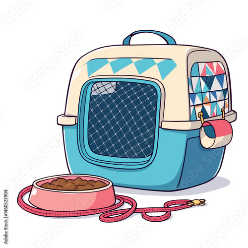 Vsai pet carrier, food bowl and leash ready for traveling with cat or dog