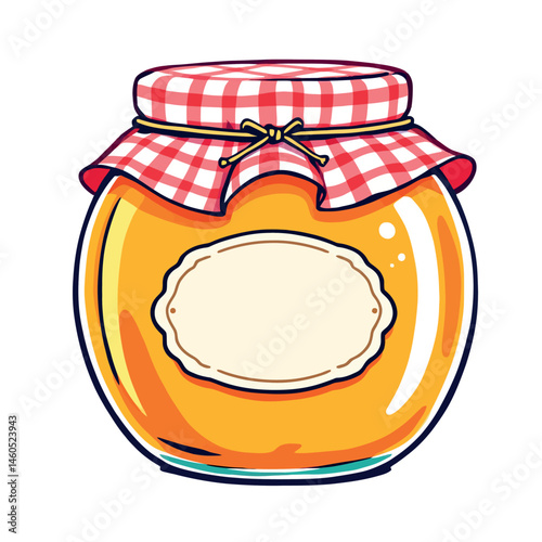 Vsai glass jar with red gingham cloth holding apricot jam and blank label