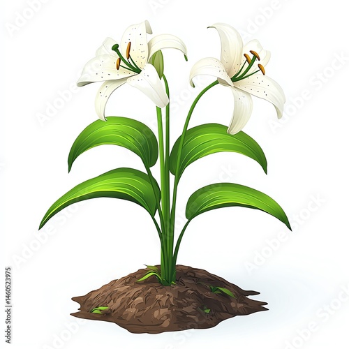 Elegant White Lilies in Full Bloom, Gracefully Rising from Rich Soil Against a Pure White Background photo