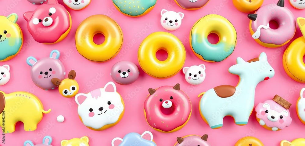 Cute cartoon animals shaped like colorful donuts on a pink background Seamless pattern for kids, fabric, cartoon Cute cartoon animals shaped like colorful donuts on a pink background Seamless pattern for kids, fabric, cartoon