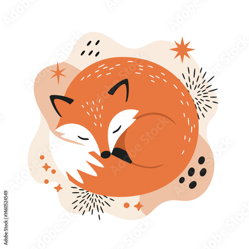 Red fox curled up sleeping in abstract natural background with decorative elements vector illustration 