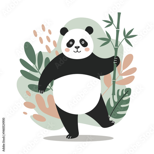 Cute panda bear holding bamboo with tropical leaves background in simple flat style vector illustration 