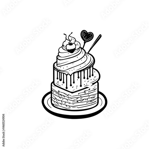 Detailed monochrome drawing of a layered cake dessert with ornate decorations