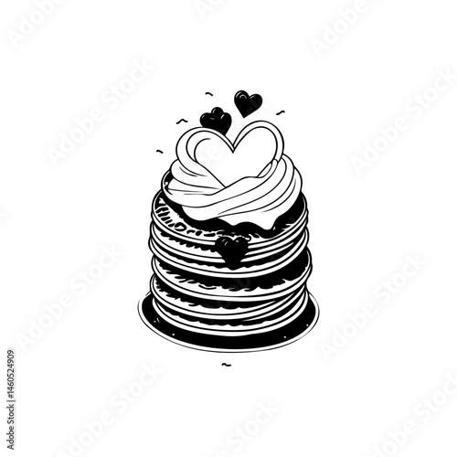 Delicate pancake stack adorned with creamy topping and whimsical hearts drawing