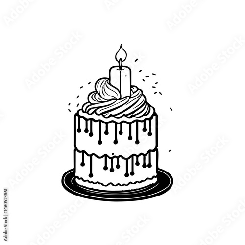 Celebration cake with frosting and single candle minimalist line drawing design