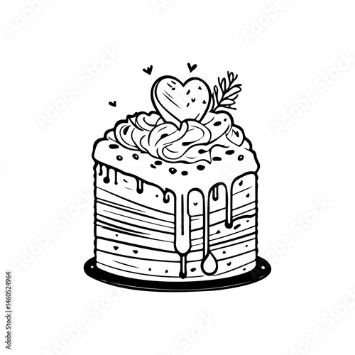Whimsical layered cake illustration adorned with cream and heart for celebrations