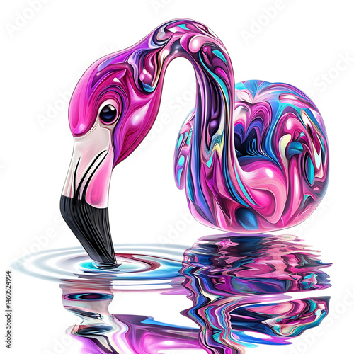 A Cartoon Flamingo Dipping Its Beak Into Water Isolated on Transparent Background