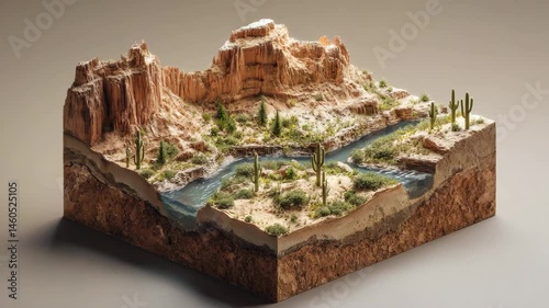 Isometric Desert Landscape with River and Cacti
