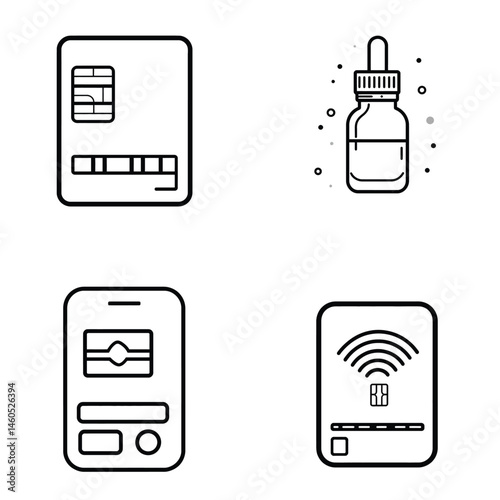 Iconography Set with Credit Card, Pipette Bottle, Mobile Payment, & NFC Card Outline
