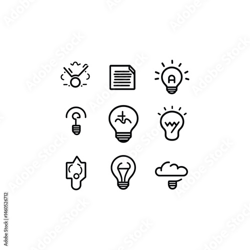 Idea Generation Icons Set, Line Style Design Featuring Lightbulbs and Documents on Transparent Background