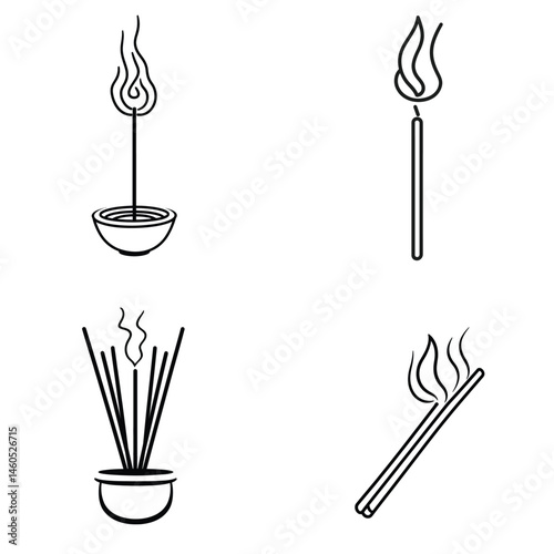 Incense Stick Line Art Set with Flame in Minimalist Style on Transparent Background