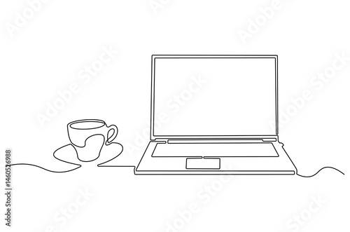 Continuous one line drawing of Laptop and a cup of coffee or tea. Single line drawing illustration of Laptop and cup coffe. Relax concept vector art. Doodle line illustration.