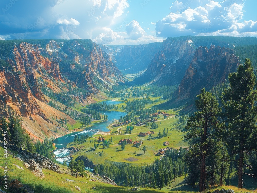 Fototapeta premium Serene valley landscape; river flows, green meadows, nestled homes, dramatic cliffs, and blue sky