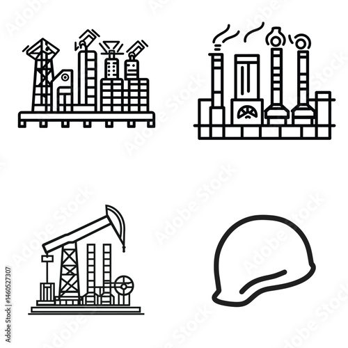 Industry Line Icons Set with Oil Refinery, Safety Helmet on Transparent Background