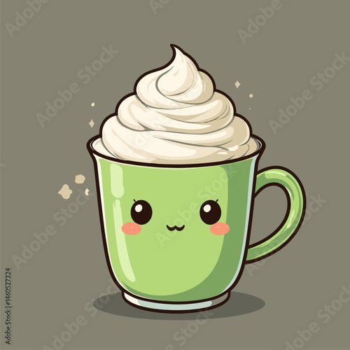 Kawaii Green Mug with Whipped Cream - Cute Hot Drink Illustration