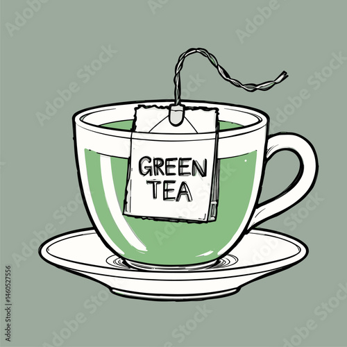 Steaming Cup of Green Tea with Teabag Illustration