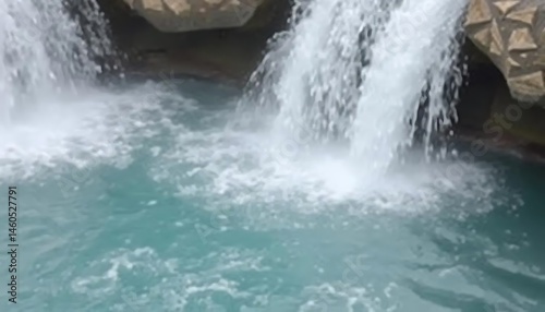 Cascading artificial waterfalls plunging into turquoise water feature