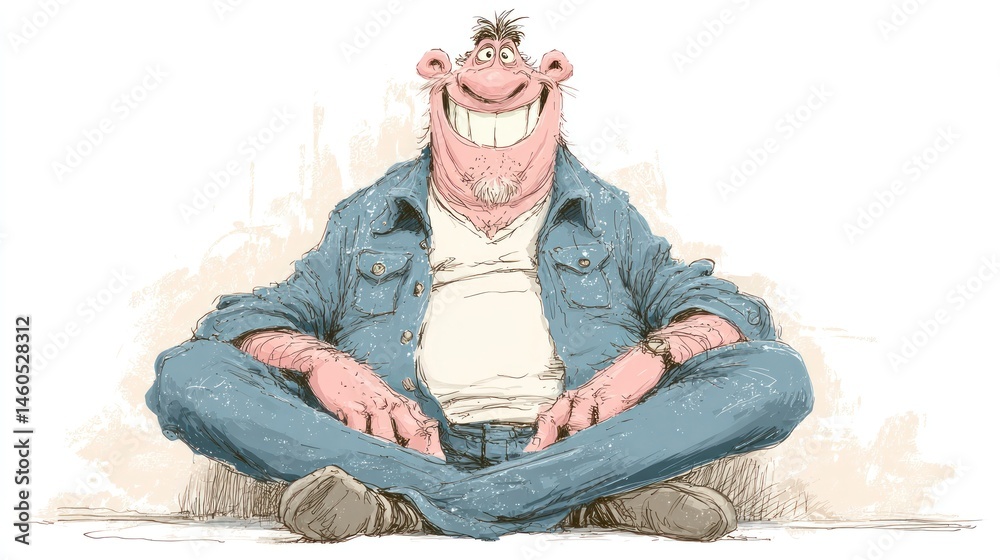 Fototapeta premium A cheerful animated character sitting crosslegged wearing a denim jacket and jeans perfect f