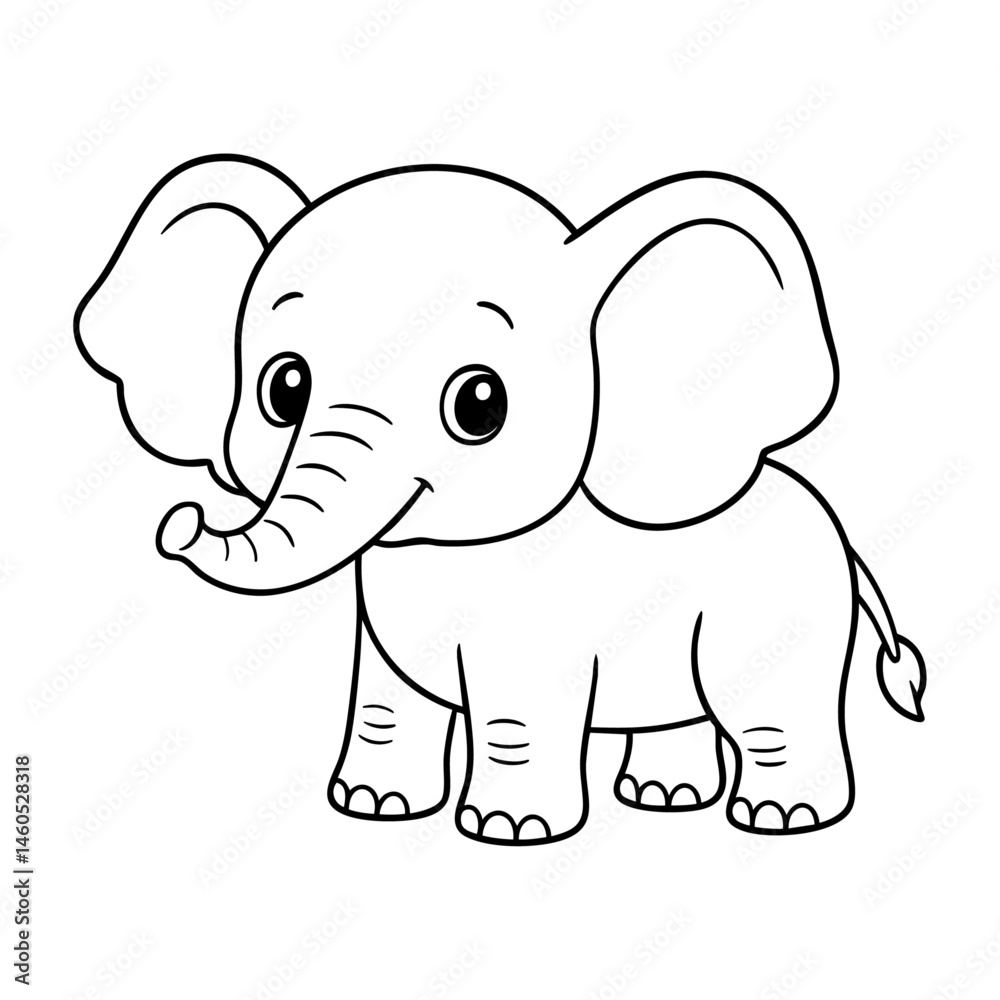 Obraz premium Cute cartoon elephant illustration for kids, black and white jungle animal line art, smiling baby elephant drawing for coloring book or educational materials
