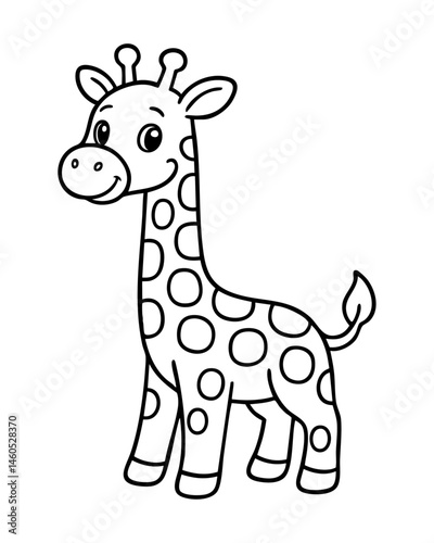 Cute cartoon giraffe illustration for kids, black and white jungle animal line art, smiling baby giraffe drawing for coloring book or educational materials