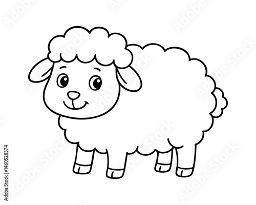 Cute cartoon sheep illustration for kids, black and white farm animal line art, smiling lamb drawing for coloring book or educational materials