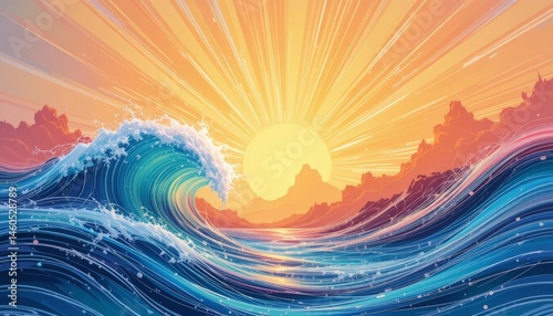 Sunset waves crashing on a serene beach tropical paradise digital art vibrant colors aerial perspective natural beauty