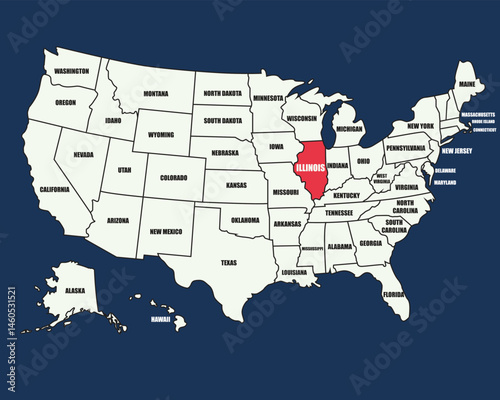 Educational USA map with labeled states, highlighting Illinois in vibrant colors for learning and teaching use