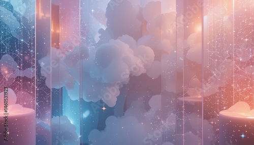 Ethereal cloudscape art installation digital realm abstract visual content dreamlike environment aerial viewpoint creative concept for artistic expression