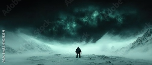 Solitary figure in a desolate, misty landscape