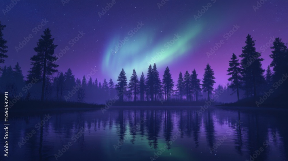 Fototapeta premium Aurora Borealis Lighting Up the Still Winter Lake Scene