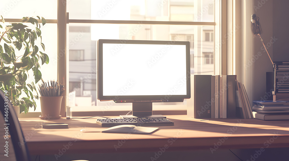 Fototapeta premium A computer LED with a blank transparent png screen on a wooden table in a bright office with large windows, copy space on the side.