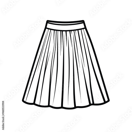 Isolated Black Outline Skirt with Pleats on a Transparent Background