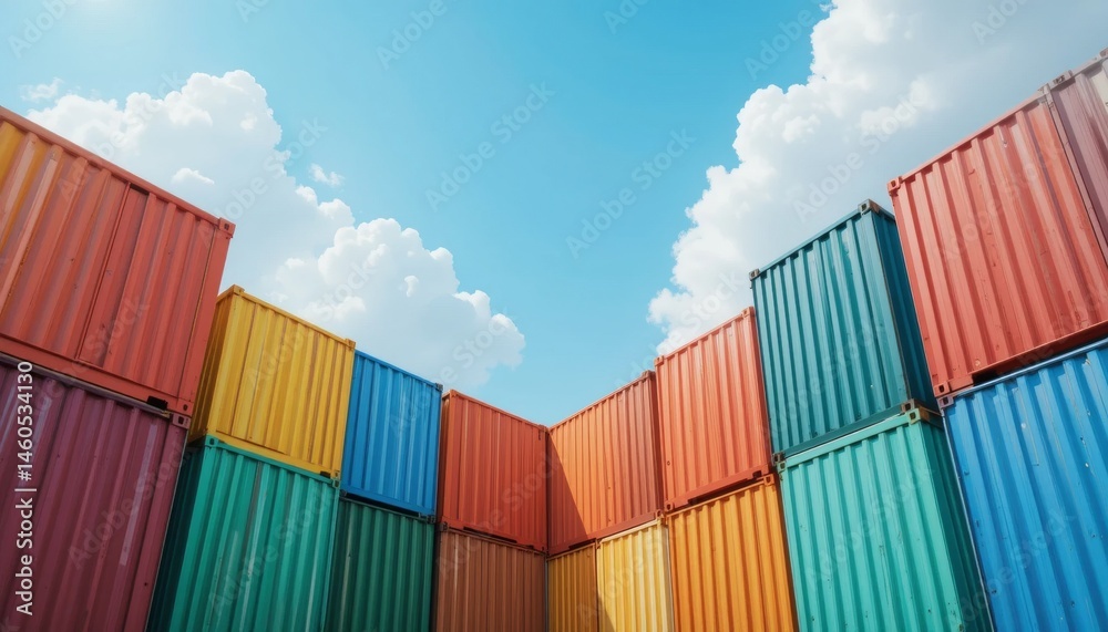 Fototapeta premium Colorful shipping containers in an urban setting captured from ground level displaying an industrial environment under a bright blue sky
