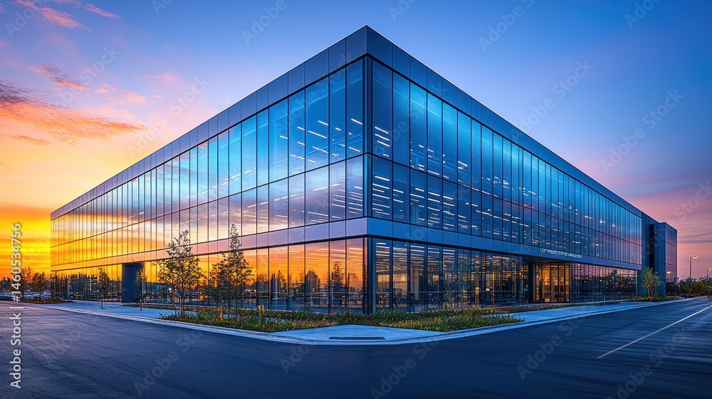 Fototapeta premium Modern Glass Office Building at Sunset: Architectural Marvel