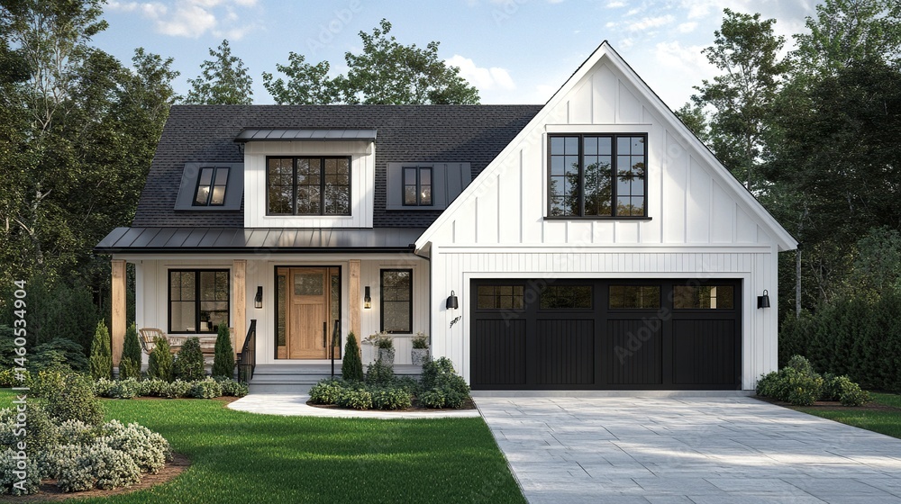 Obraz premium A picturesque modern farmhouse with a white exterior, board and batten siding, a warm oak front door, a covered porch, and sleek black-framed windows and garage door 