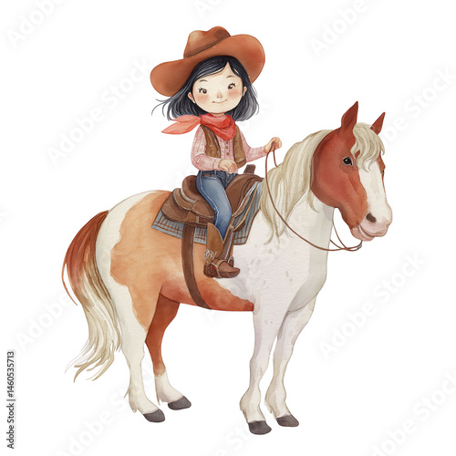 Cute cowgirl riding horse, wearing cowboy hat and scarf, showcasing playful and adventurous spirit