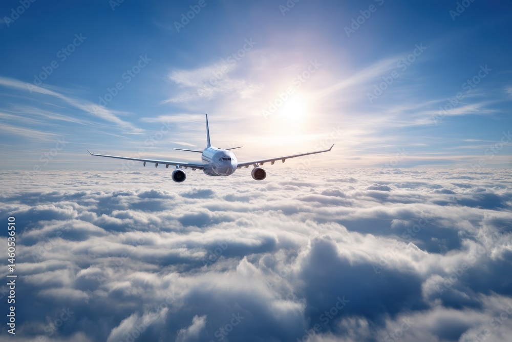 Obraz premium Airplane flying above a sea of clouds under a bright sun in a clear blue sky during daytime flight