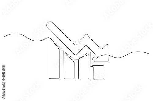 Continuous one line drawing of Graph decrease. Single line drawing illustration of Down graph chart. Financial market crash concept vector art. Doodle line illustration.