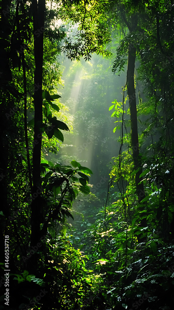 Obraz premium Portray a vibrant rainforest teeming with life, featuring towering trees draped in vines, dappled sunlight filtering through the dense canopy, and the serene sounds of cascading streams and exotic