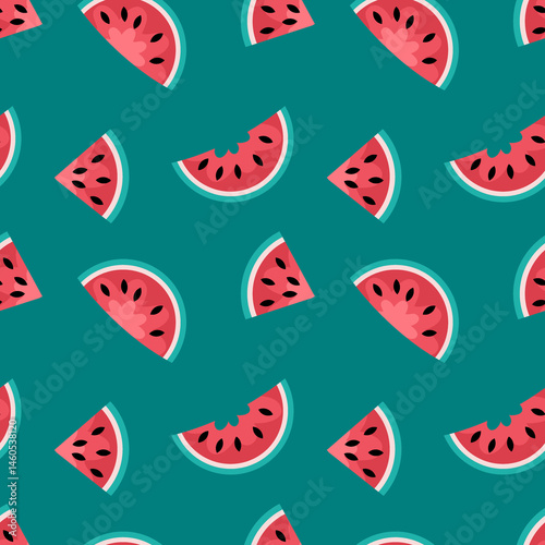Flat style summer watermelon slices seamless pattern. Perfect art background for textile, fabric, paper, sale, card. Hand drawn illustration.