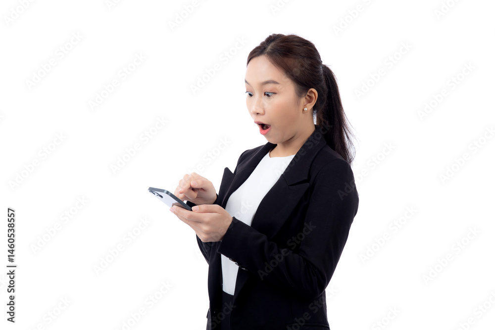 Portrait young asian businesswoman in suit gesture surprised while looking smartphone isolated white background, business woman excited with amazed while looking smart phone, business concept. Portrait young asian businesswoman in suit gesture surprised while looking smartphone isolated white background, business woman excited with amazed while looking smart phone, business concept.