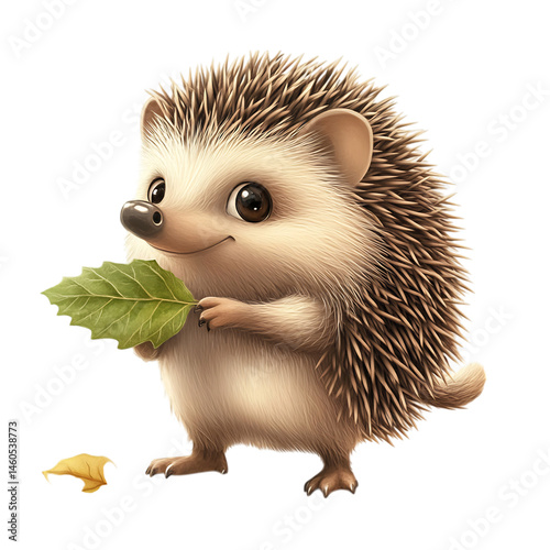 Cartoon Hedgehog Holding a Leaf Isolated on Transparent Background