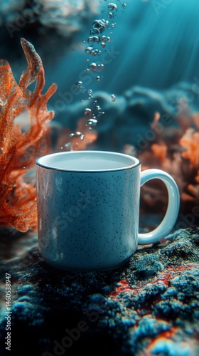Underwater Coffee Mug Surrounded by Colorful Coral and Bubbles